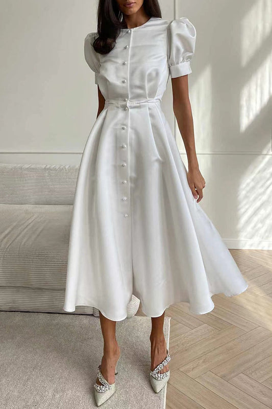 Elegant Solid Buckle O Neck A Line Short Sleeve Dress(5 Colors) White