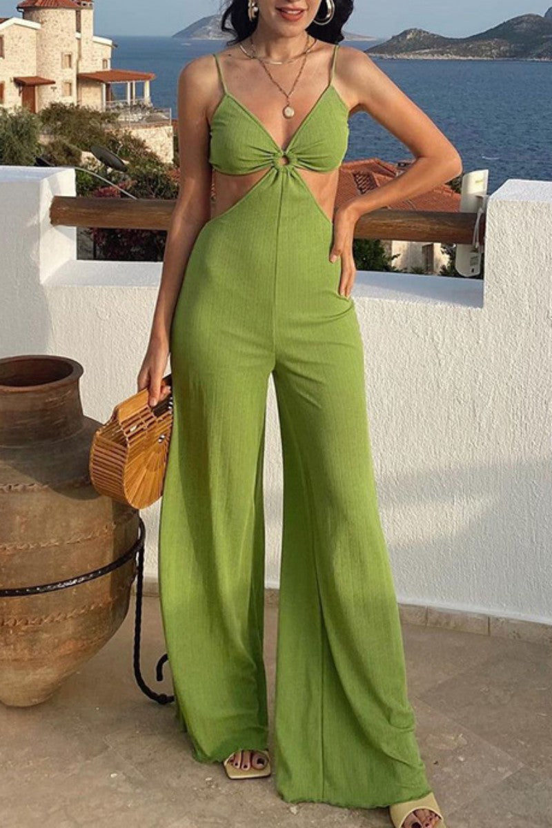 Sexy Casual Solid Backless V Neck Regular Jumpsuits Green