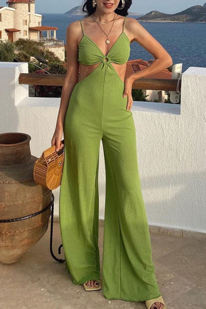 Sexy Casual Solid Backless V Neck Regular Jumpsuits Green