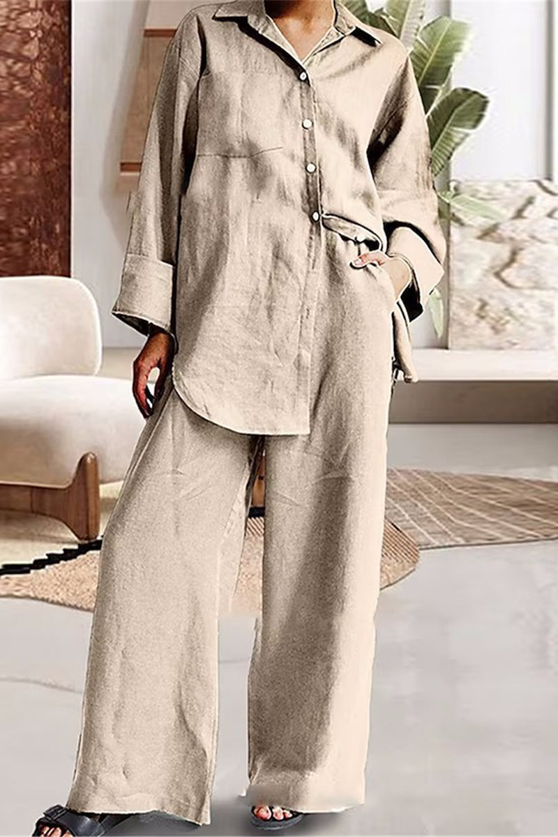 Casual Simplicity Solid Pocket Turndown Collar Long Sleeve Two Pieces(6 Colors) Apricot