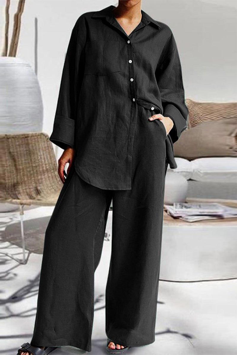 Casual Simplicity Solid Pocket Turndown Collar Long Sleeve Two Pieces(6 Colors) Black