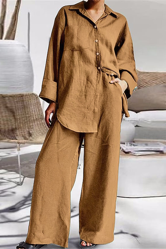 Casual Simplicity Solid Pocket Turndown Collar Long Sleeve Two Pieces(6 Colors) Khaki