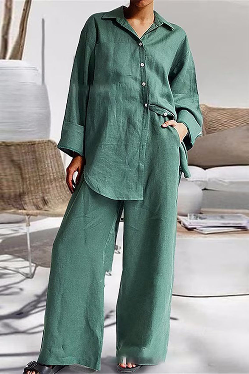 Casual Simplicity Solid Pocket Turndown Collar Long Sleeve Two Pieces(6 Colors) Green