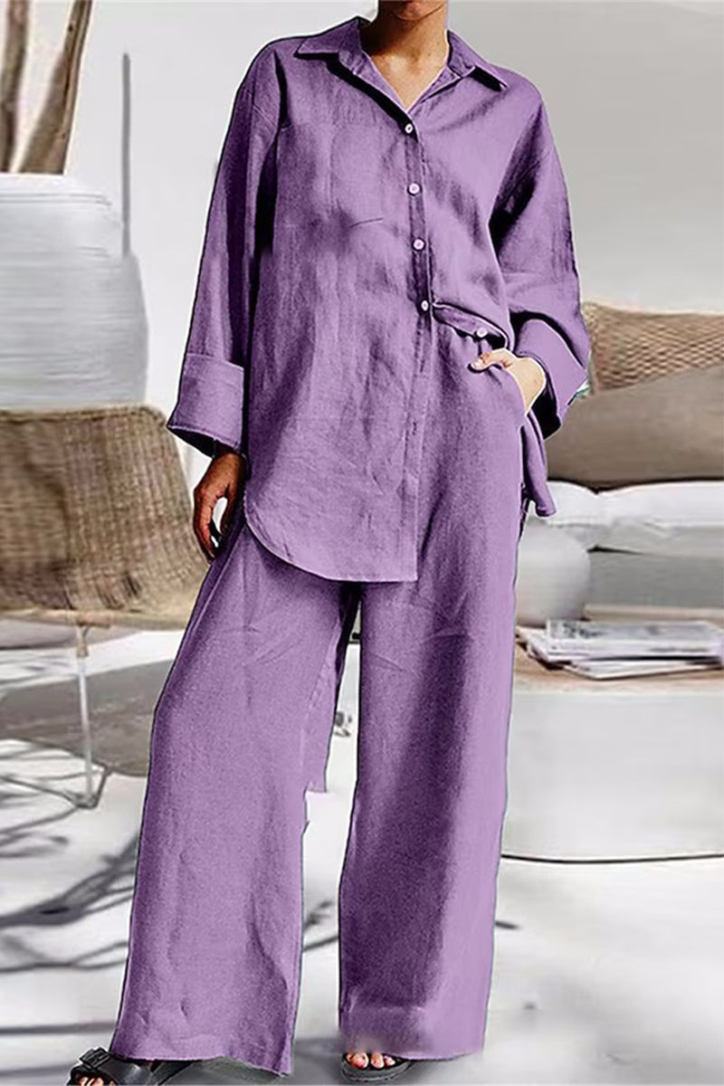 Casual Simplicity Solid Pocket Turndown Collar Long Sleeve Two Pieces(6 Colors) Purple