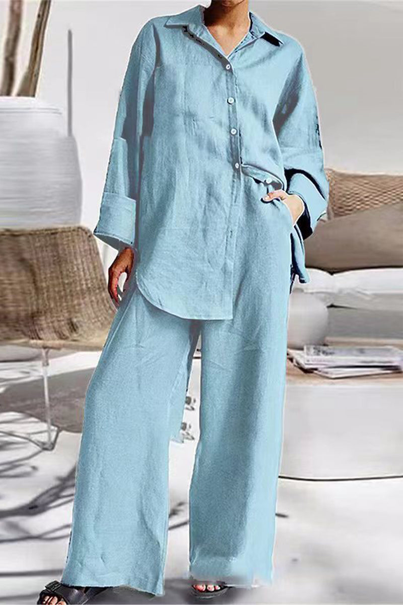 Casual Simplicity Solid Pocket Turndown Collar Long Sleeve Two Pieces(6 Colors) Sky Blue