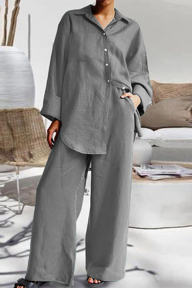 Casual Simplicity Solid Pocket Turndown Collar Long Sleeve Two Pieces(6 Colors) Grey