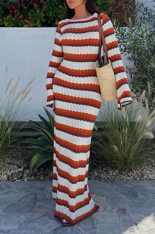 Casual Vacation Striped Contrast O Neck Long Sleeve Dresses Stripe