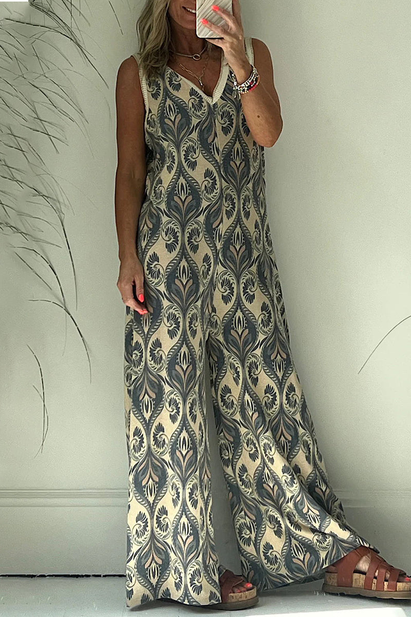 Casual College Geometric Printing V Neck Loose Jumpsuits Navy Blue