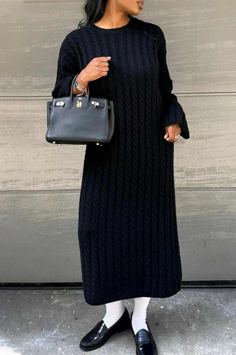 Elegant Simplicity Solid Weave O Neck Long Sleeve Dresses Black