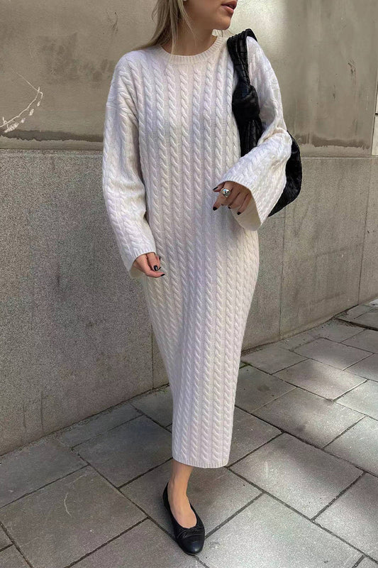 Elegant Simplicity Solid Weave O Neck Long Sleeve Dresses Cream White