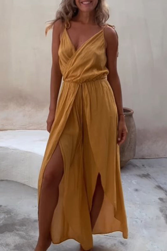 Sexy Simplicity Solid Asymmetrical V Neck Loose Jumpsuits Caramel Colour