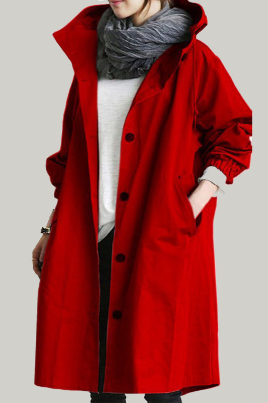 British Style Solid Pocket Buttons Hooded Collar Outerwear Red