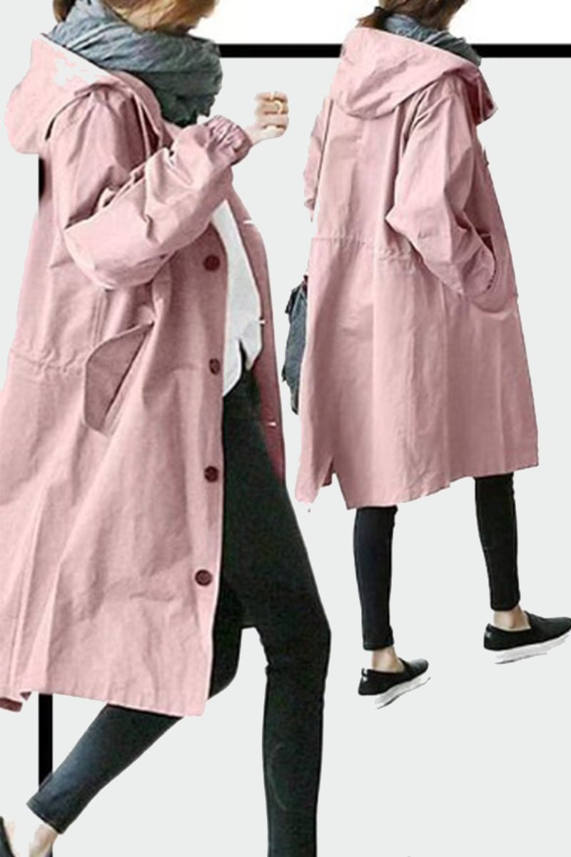 British Style Solid Pocket Buttons Hooded Collar Outerwear Pink