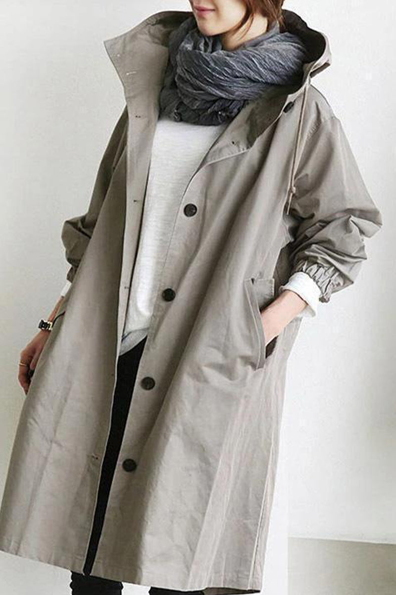 British Style Solid Pocket Buttons Hooded Collar Outerwear Light Gray