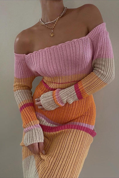 Sexy Casual Color Block Contrast Spaghetti Strap Long Sleeve Dresses Pink Orange