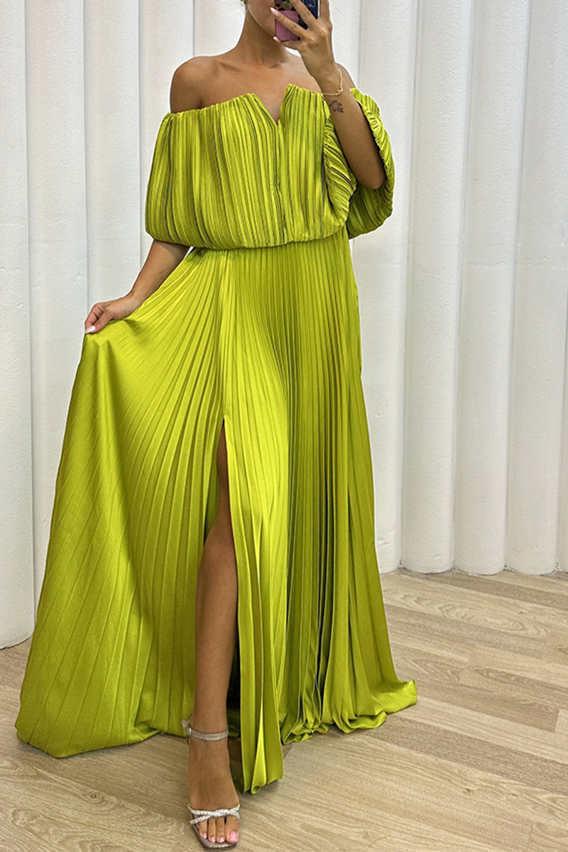 Sexy Formal Solid Slit Fold Off the Shoulder Evening Dress Dresses Yellow