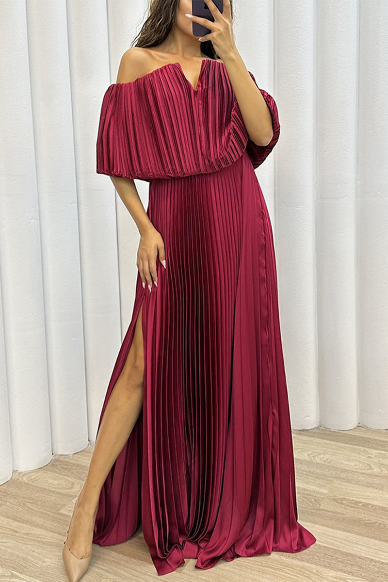 Sexy Formal Solid Slit Fold Off the Shoulder Evening Dress Dresses Burgundy