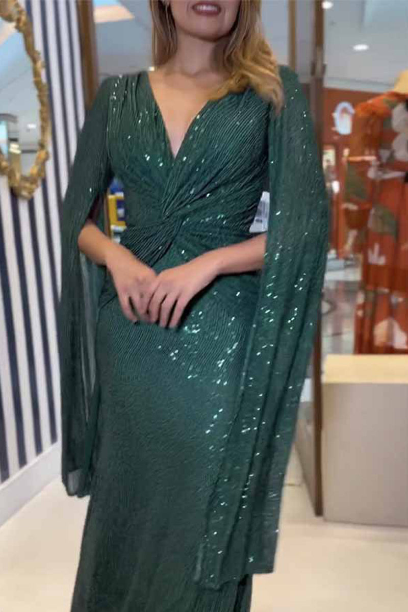 Sexy Formal Solid Sequins Fold V Neck A Line Dresses Green