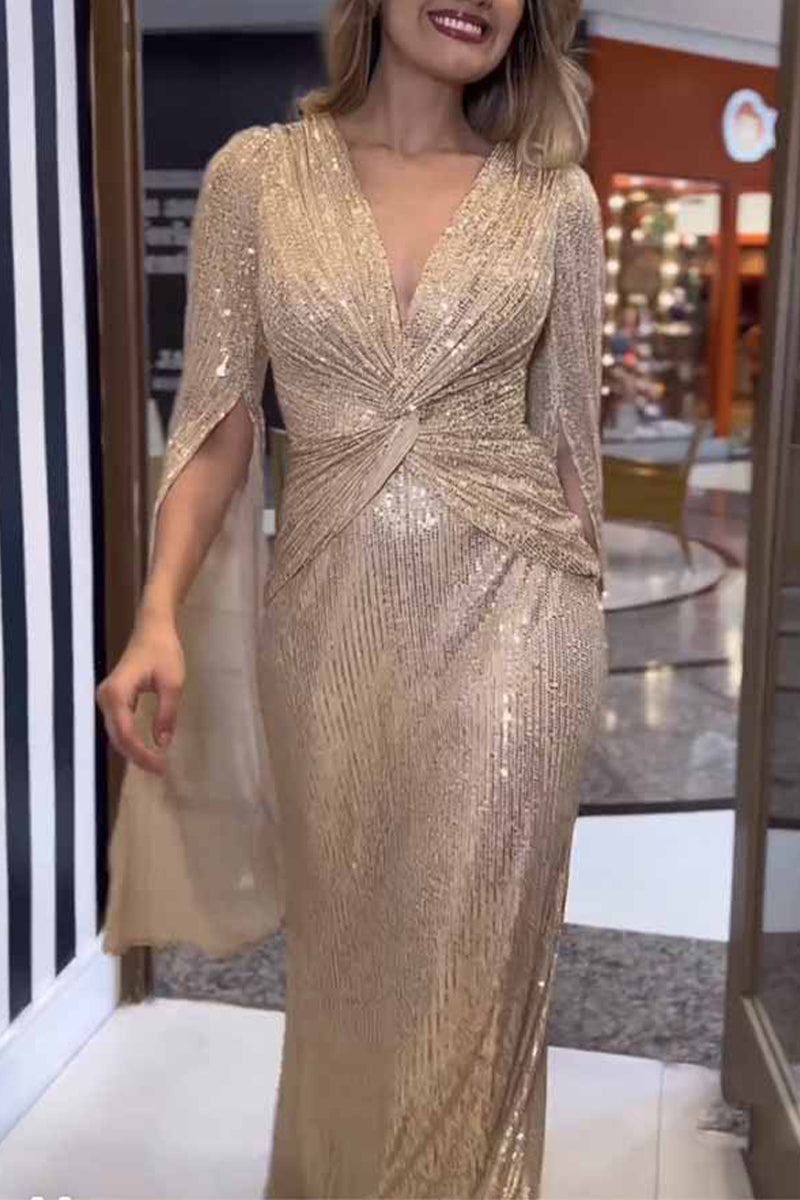 Sexy Formal Solid Sequins Fold V Neck A Line Dresses Champagne