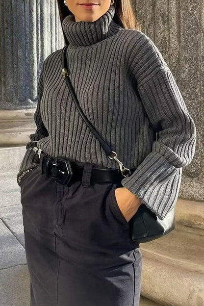 Daily Simplicity Solid Turtleneck Tops Grey