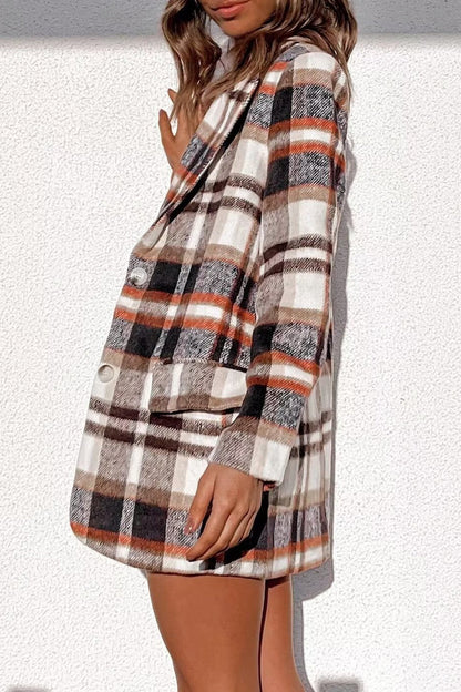 Casual Plaid Pocket Turn-back Collar Outerwear