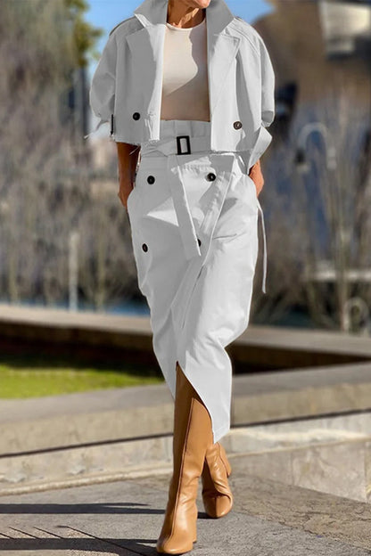 British Style Elegant Solid Pocket Buttons Turndown Collar Long Sleeve Two Pieces White