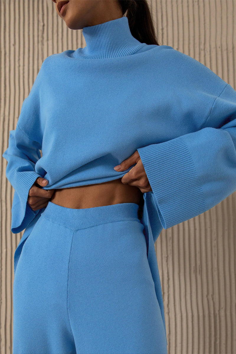 Casual Solid Asymmetrical Turtleneck Long Sleeve Two Pieces Blue