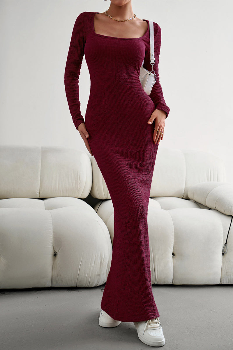 Elegant Solid Square Collar One Step Skirt Dresses Burgundy