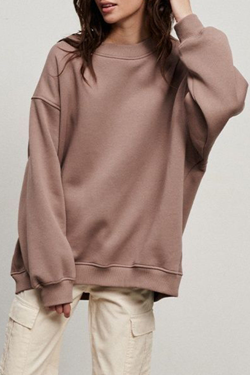 Casual Simplicity Solid O Neck Tops Light Brown