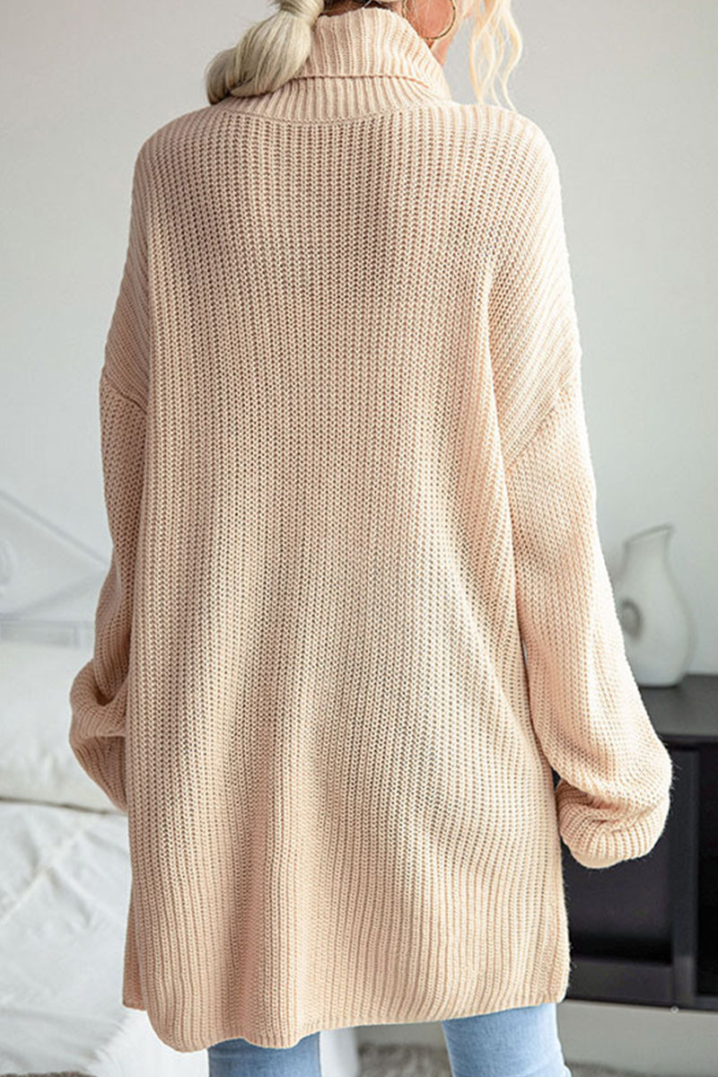 Casual Simplicity Solid Slit Turtleneck Tops(No Belt)