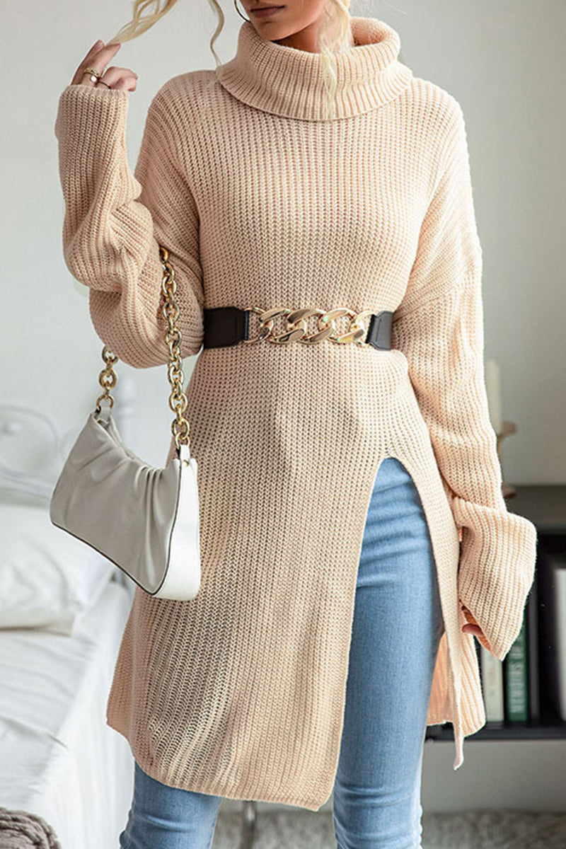 Casual Simplicity Solid Slit Turtleneck Tops(No Belt)