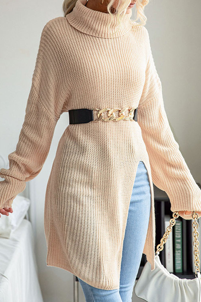 Casual Simplicity Solid Slit Turtleneck Tops(No Belt)