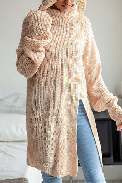 Casual Simplicity Solid Slit Turtleneck Tops(No Belt) Apricot