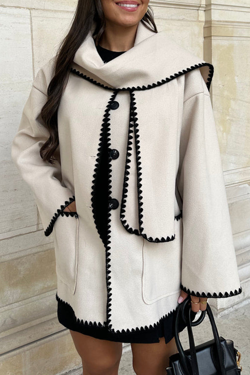 Casual British Style Solid Buttons Contrast Scarf Collar Outerwear White