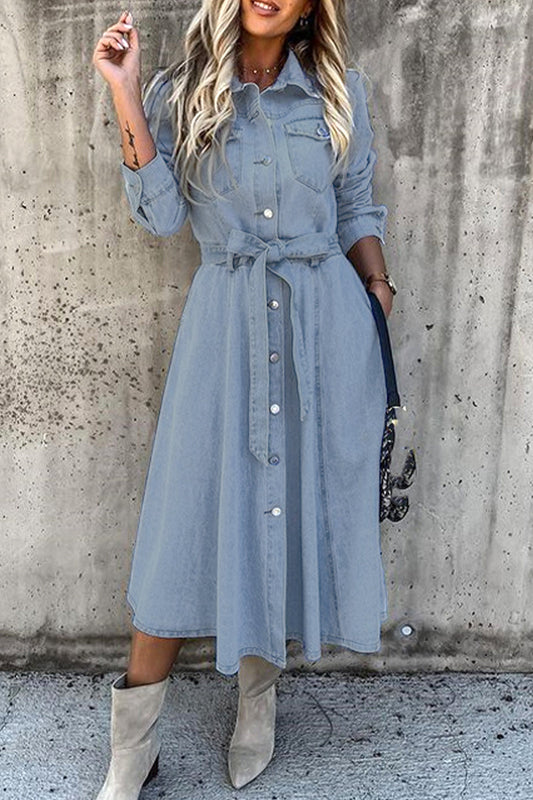 Elegant Patchwork Pocket Turndown Collar Denim Dresses Light Blue