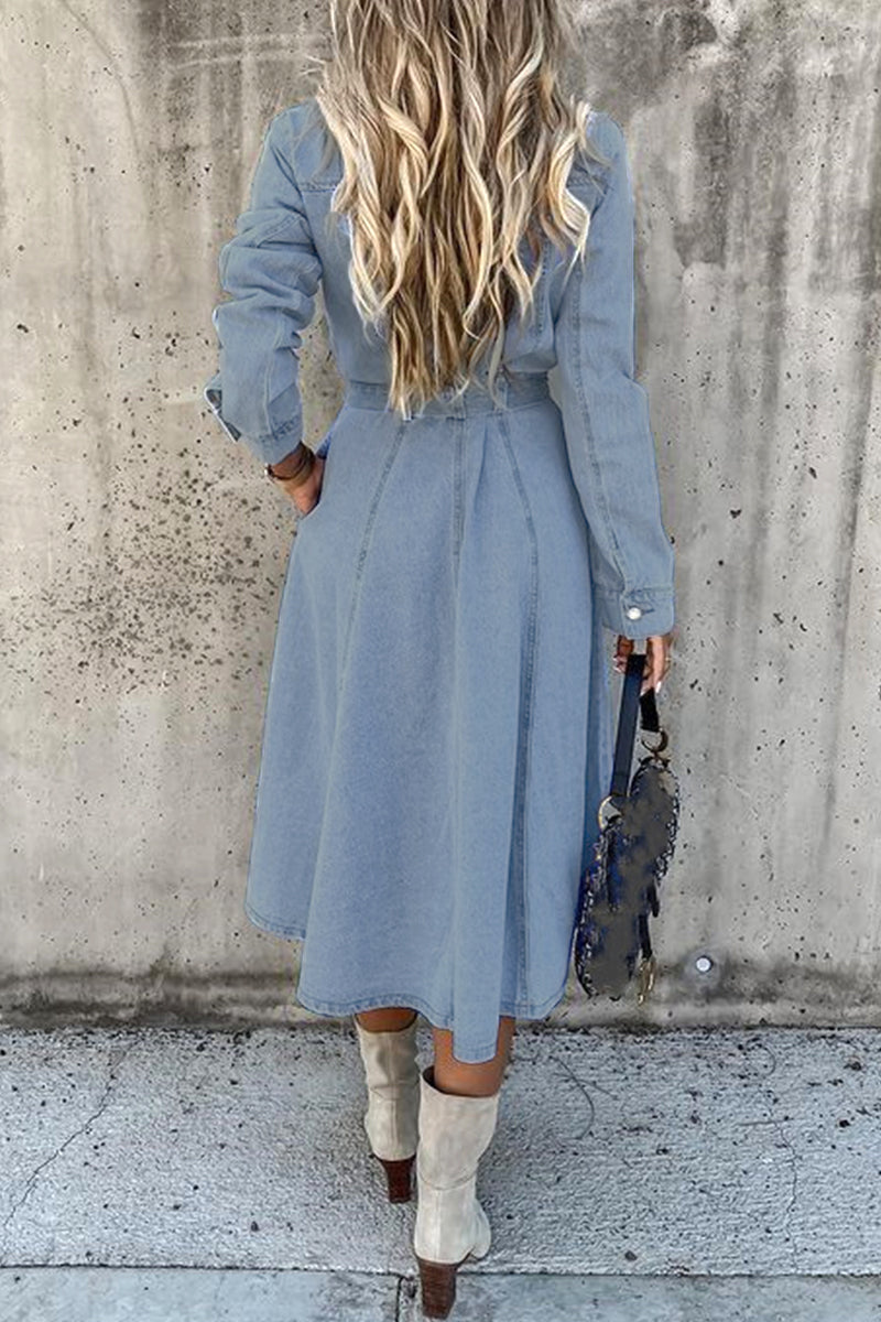 Elegant Patchwork Pocket Turndown Collar Denim Dresses