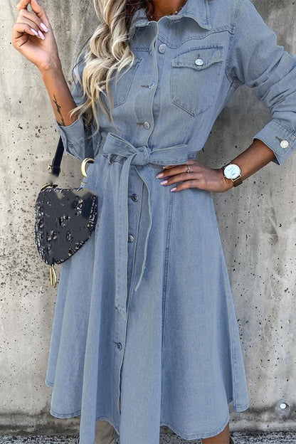 Elegant Patchwork Pocket Turndown Collar Denim Dresses