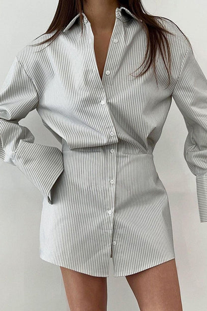 Elegant Striped Patchwork Buttons Turndown Collar Shirt Dress Dresses White