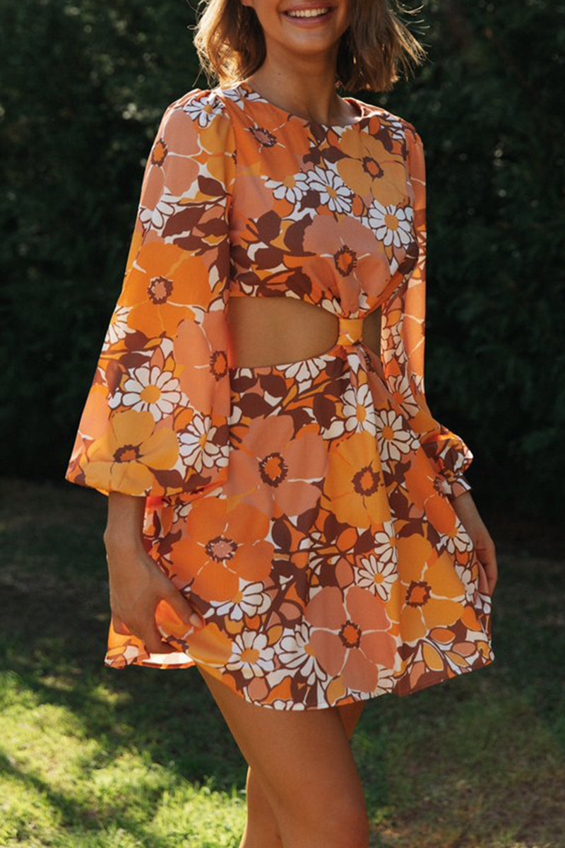 Sexy Floral Hollowed Out O Neck Printed Dress Dresses Orange