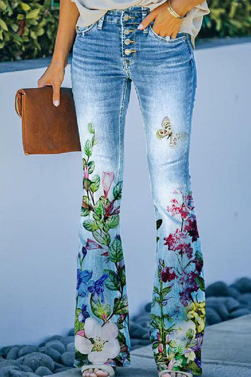 Casual Floral Pocket Regular Denim Jeans(9 Colors) Light Blue