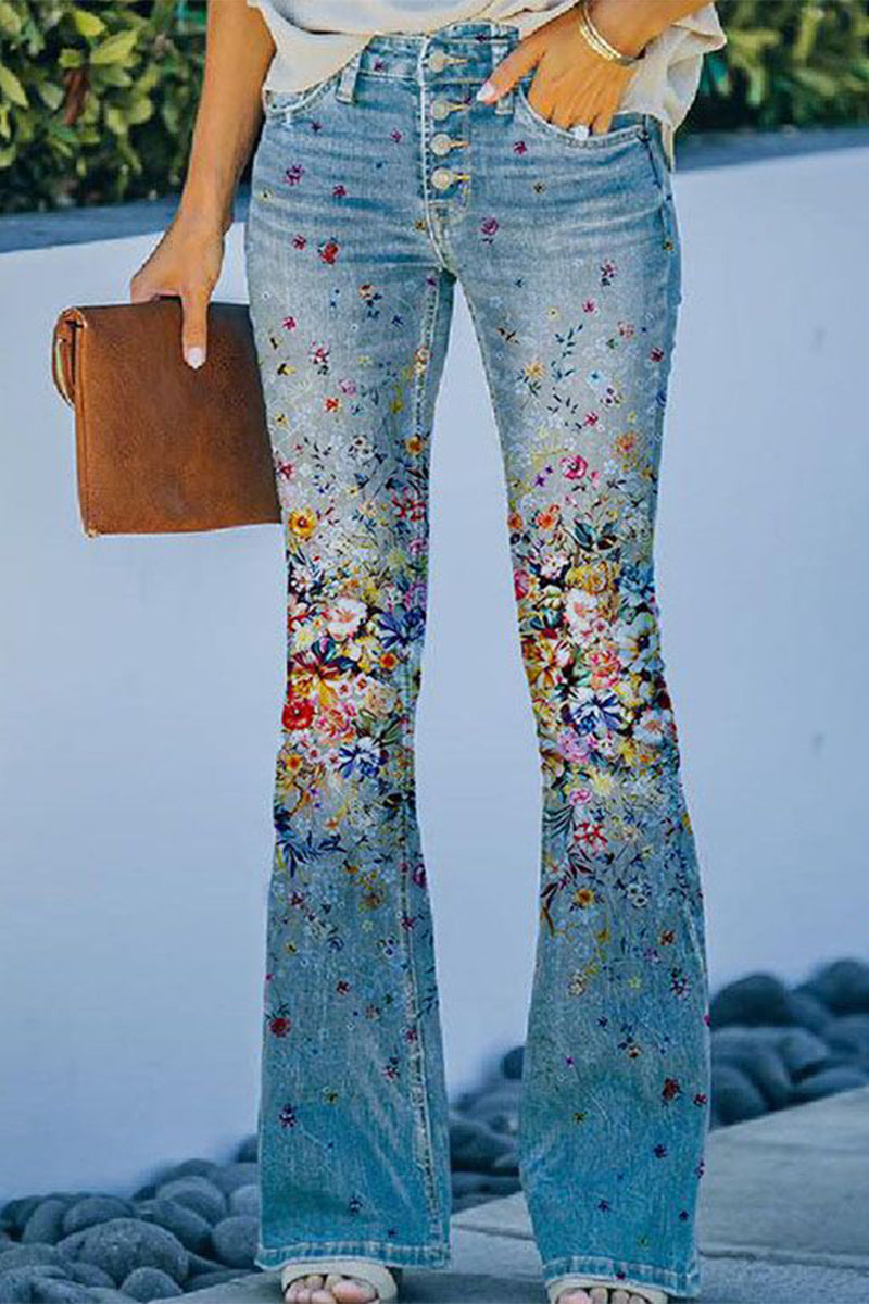 Casual Floral Pocket Regular Denim Jeans(9 Colors) Sky Blue