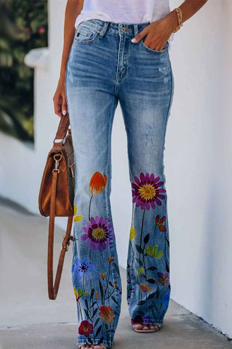 Casual Floral Pocket Regular Denim Jeans(9 Colors) Colorful Blue