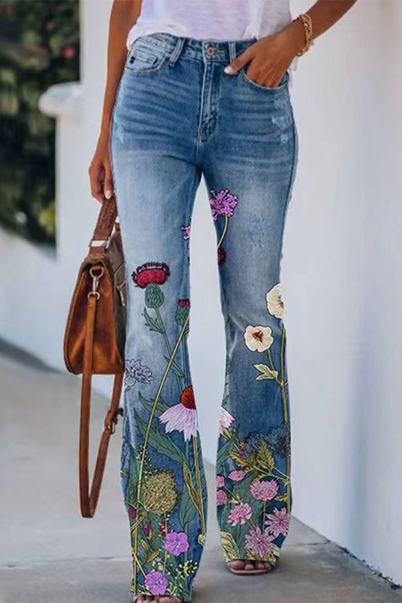 Casual Floral Pocket Regular Denim Jeans(9 Colors) Red Blue