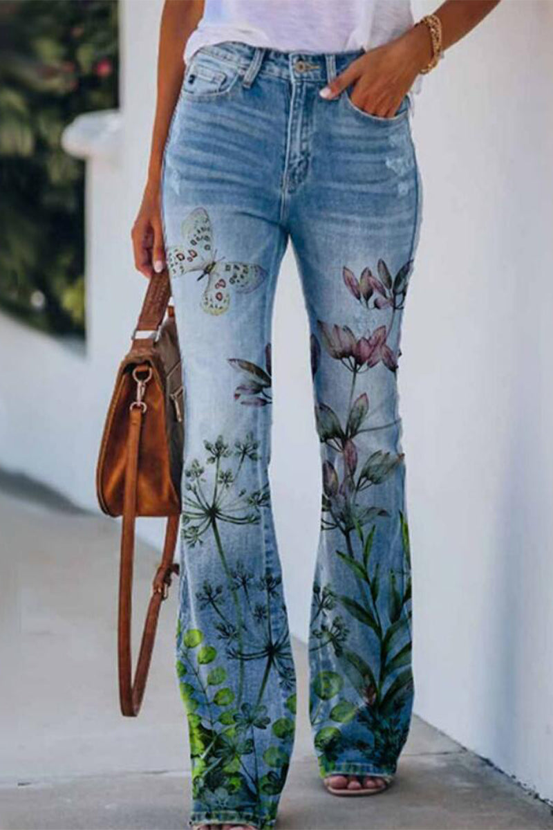 Casual Floral Pocket Regular Denim Jeans(9 Colors) Tibetan Blue