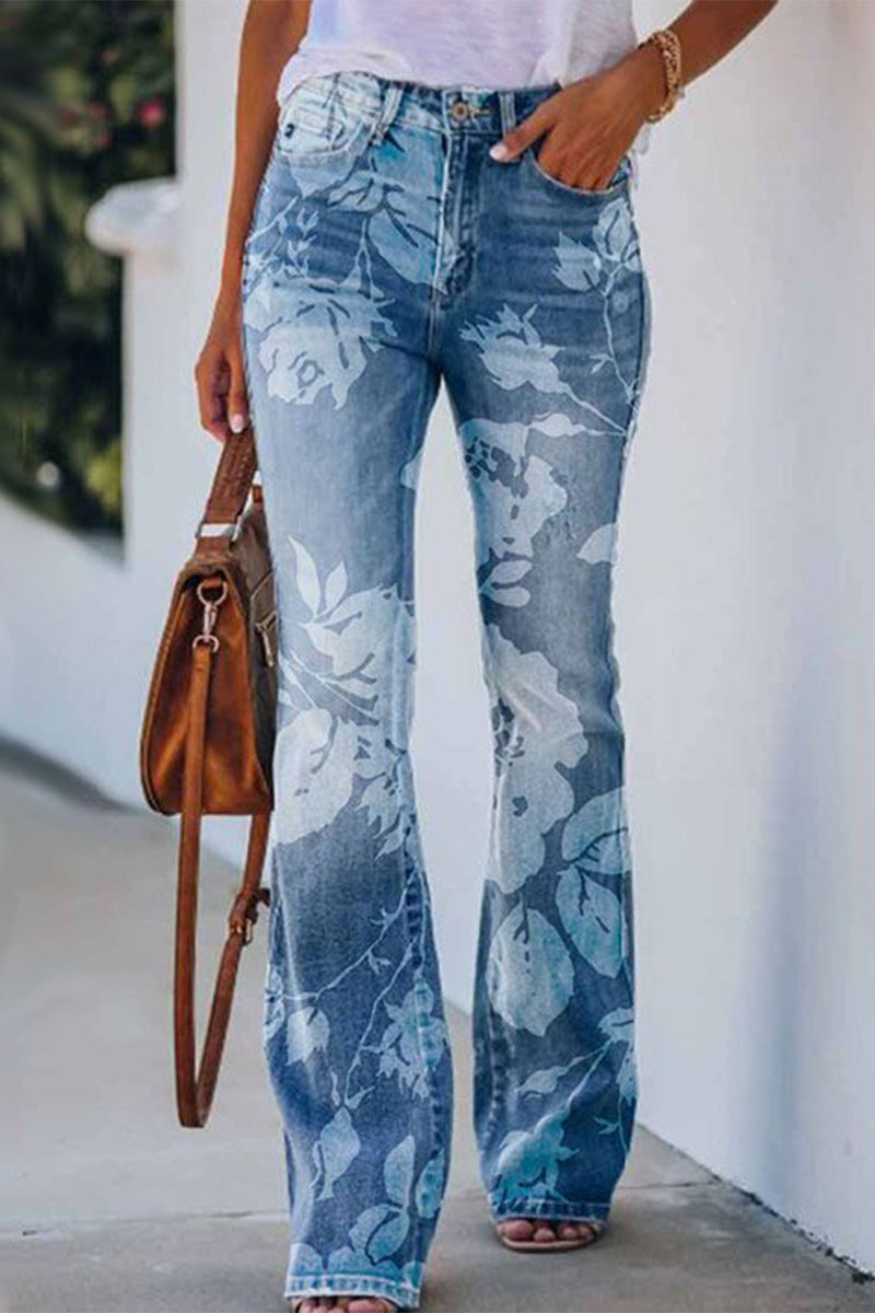 Casual Floral Pocket Regular Denim Jeans(9 Colors) Deep Blue