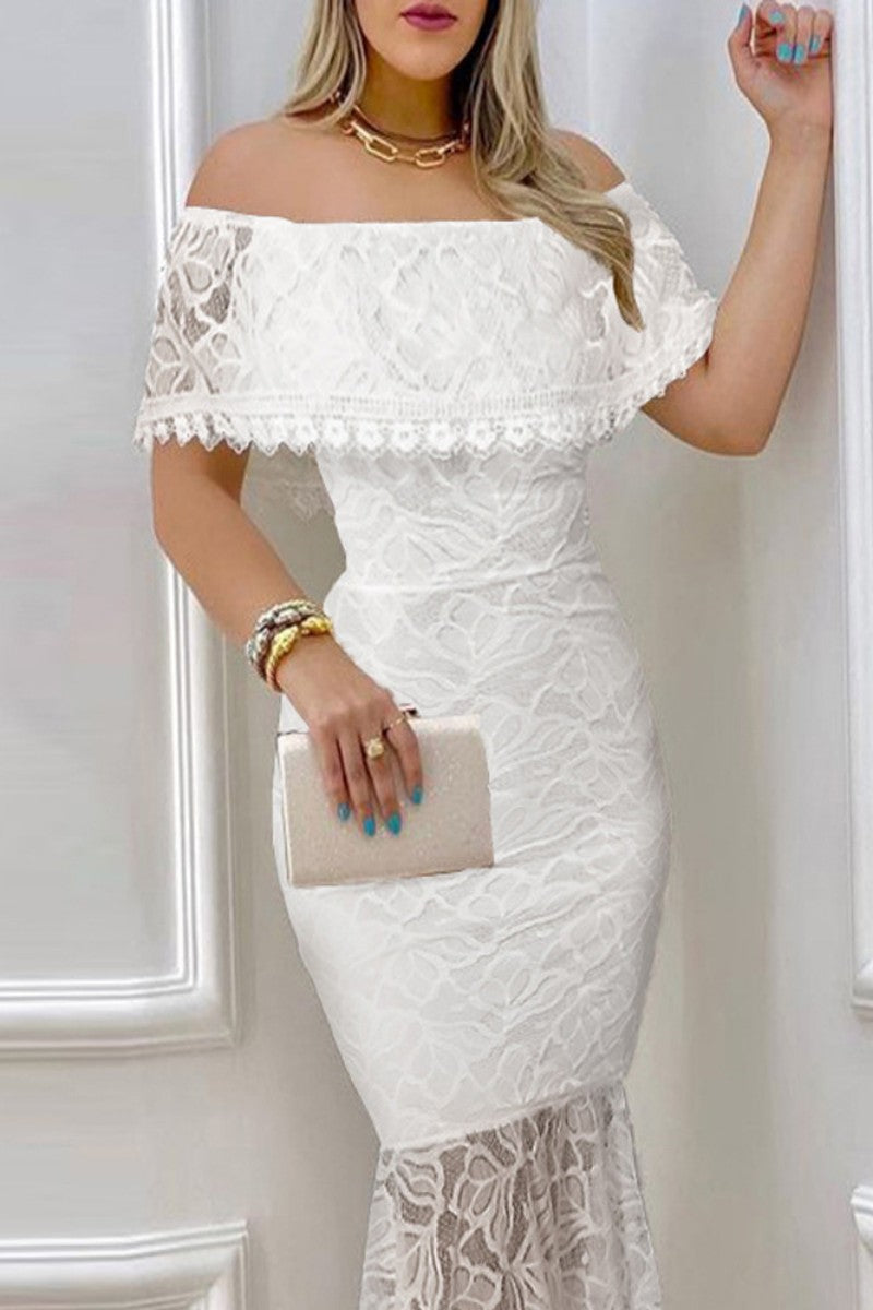 Sexy Formal Solid Patchwork Off the Shoulder Evening Dress Dresses White