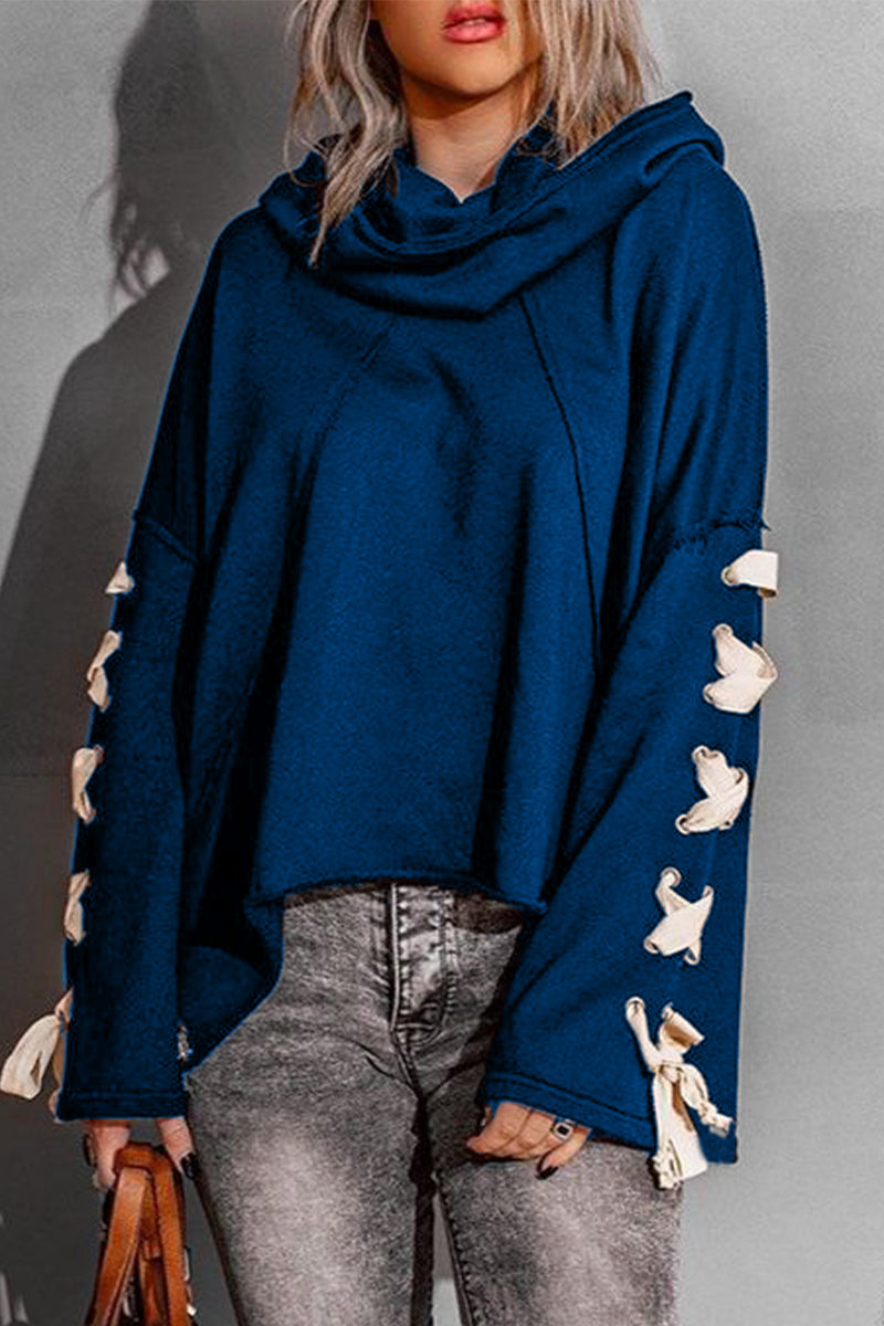 Casual Solid Bandage Hooded Collar Tops Royal Blue