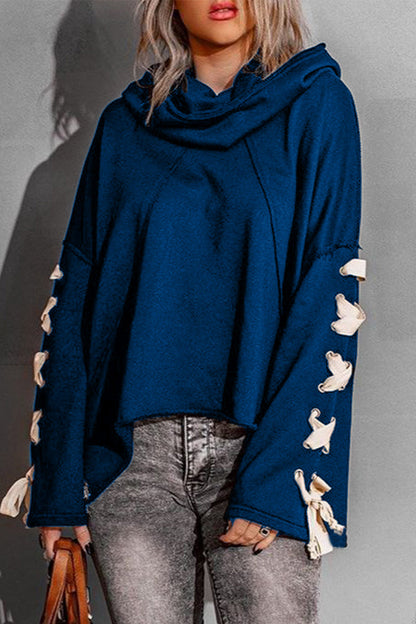 Casual Solid Bandage Hooded Collar Tops Royal Blue