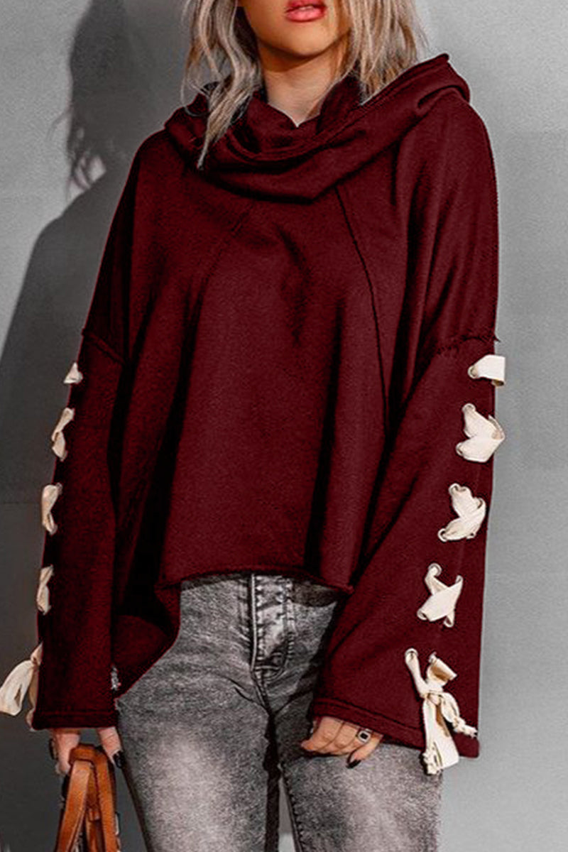 Casual Solid Bandage Hooded Collar Tops Burgundy