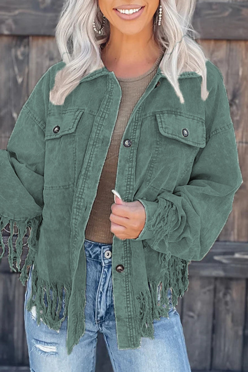 Casual Solid Tassel Asymmetrical Turndown Collar Outerwear Green